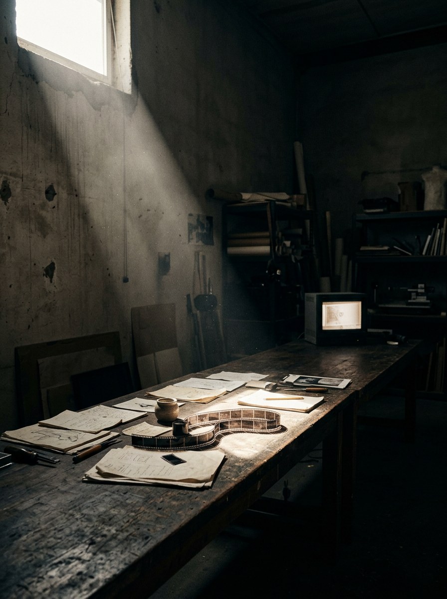 A long studio worktable of paper and cut film, lit by a single hard shaft of daylight