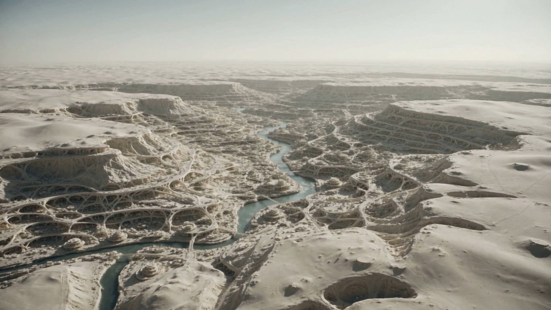 A grown white city of woven structures spreading across a pale valley
