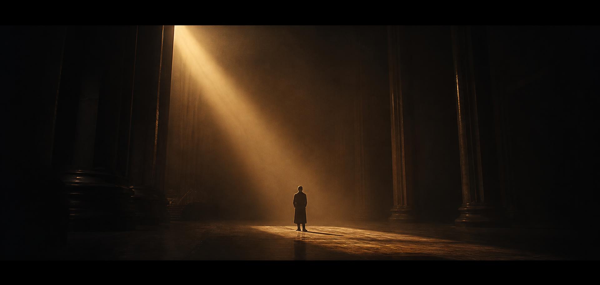 Film frame — figure held in a single shaft of light