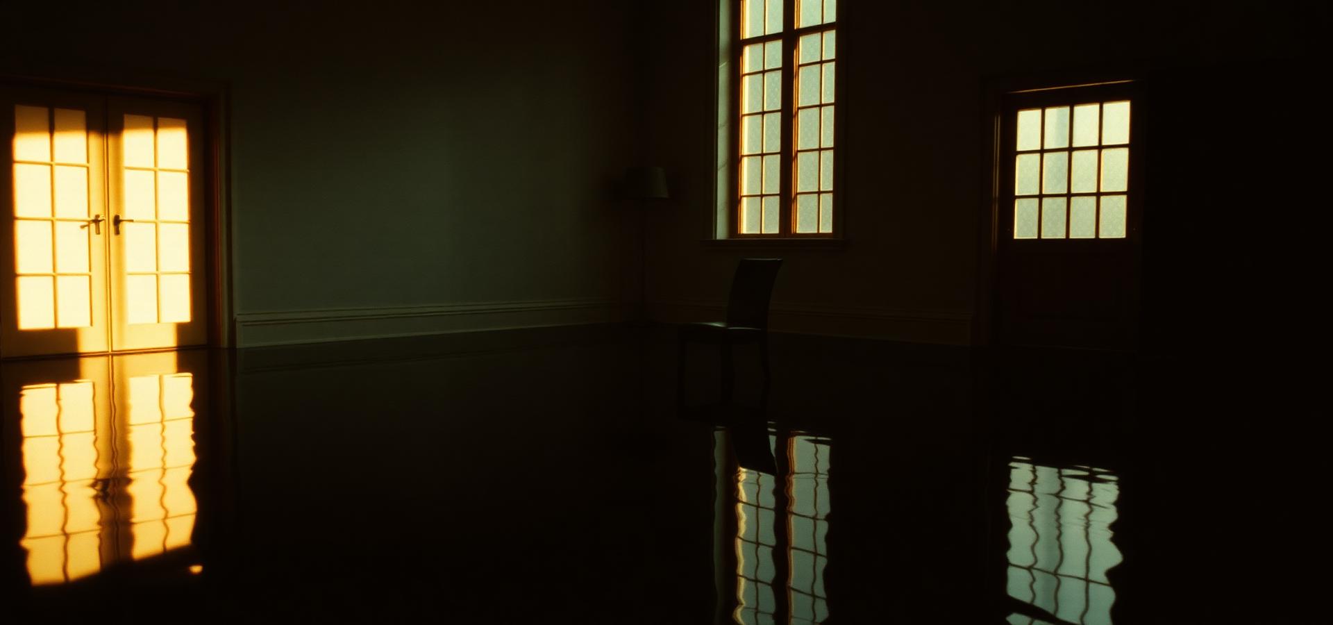 Film frame — reflective interior, glass and low sun