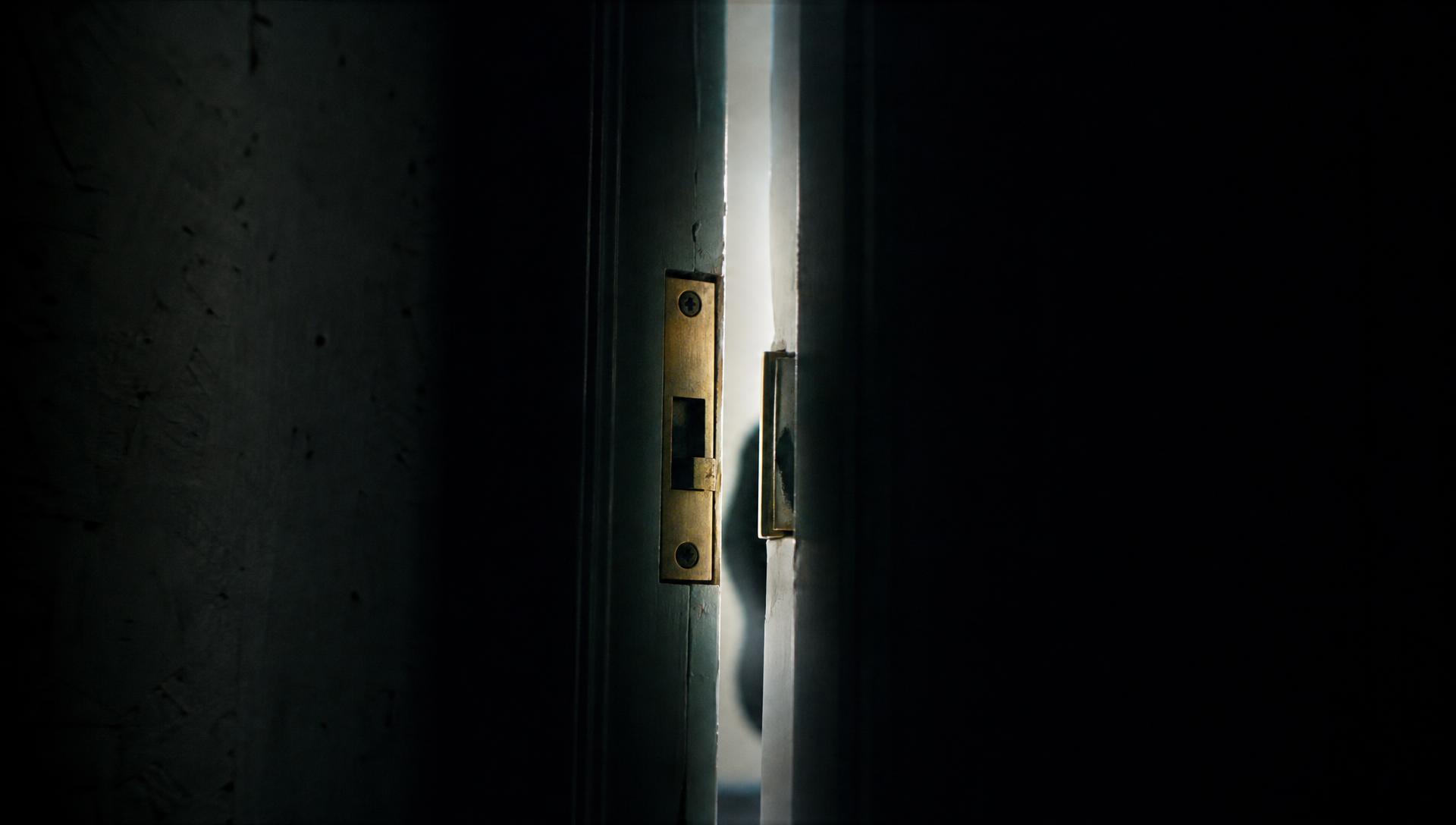 Extreme close-up of an open door gap, brass lock plate and an unresolvable shape inside the light