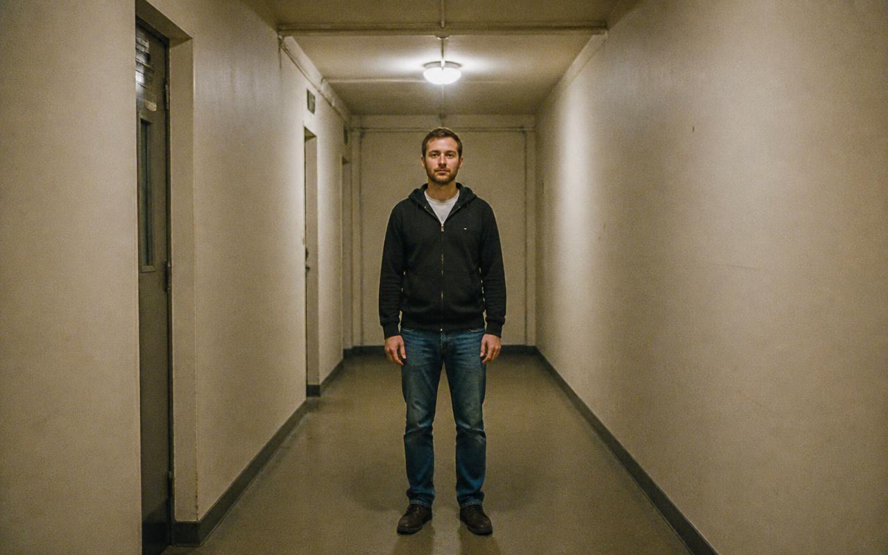Discarded frame: a figure standing fully lit in the middle of a corridor