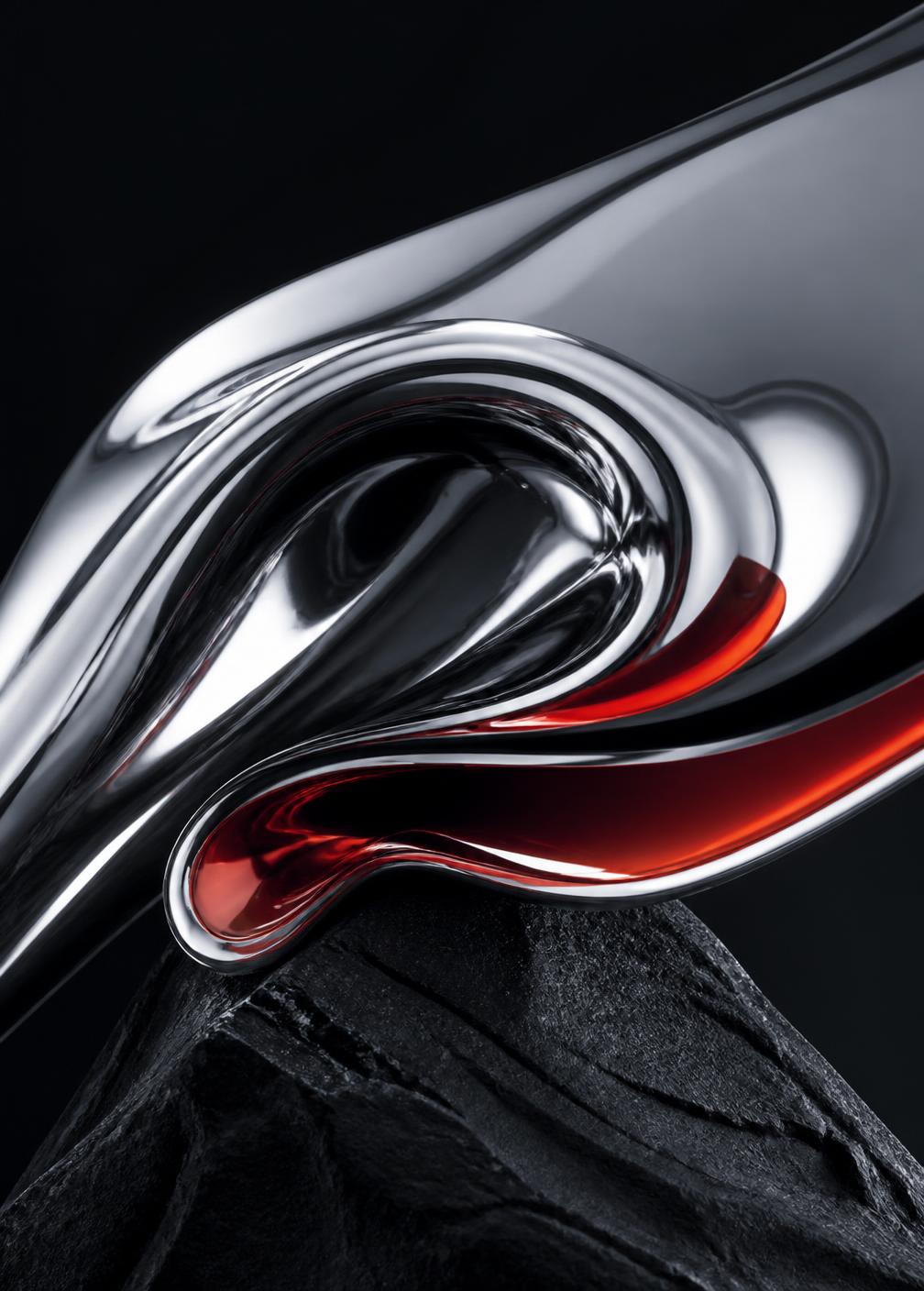Tight curl of mirror chrome folding over black stone with a red glow inside the fold