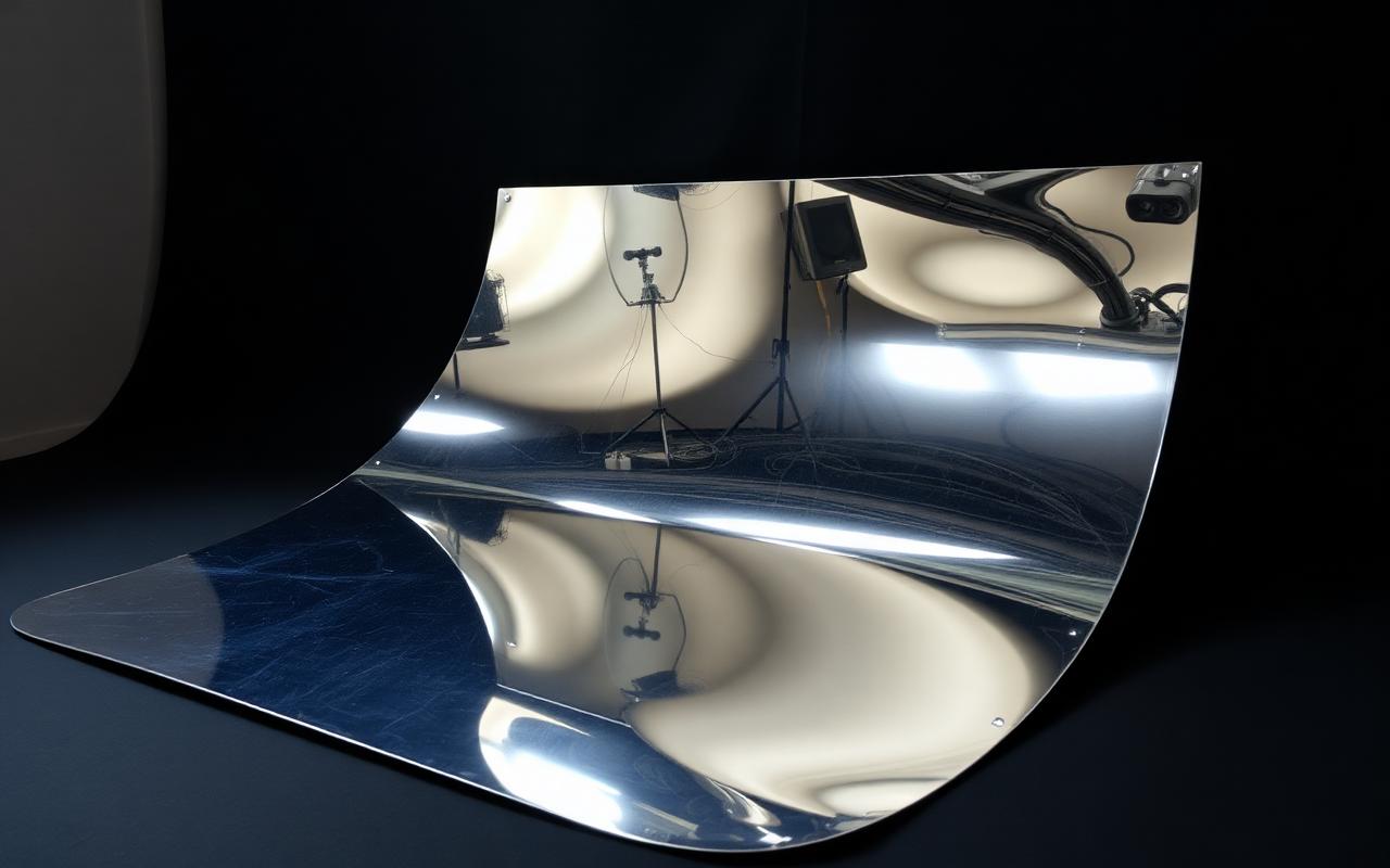 Discarded frame: a chrome sheet mirroring a cluttered studio