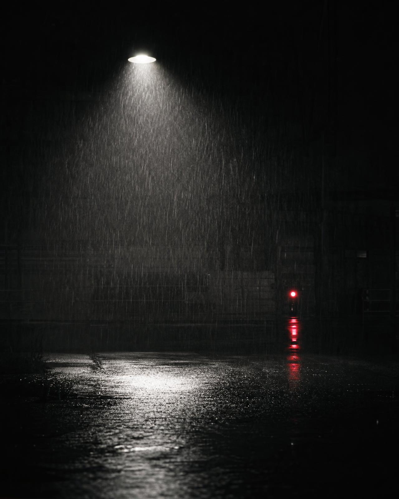 Rain falling through a hard spotlight beam over wet asphalt, a red signal glowing far behind