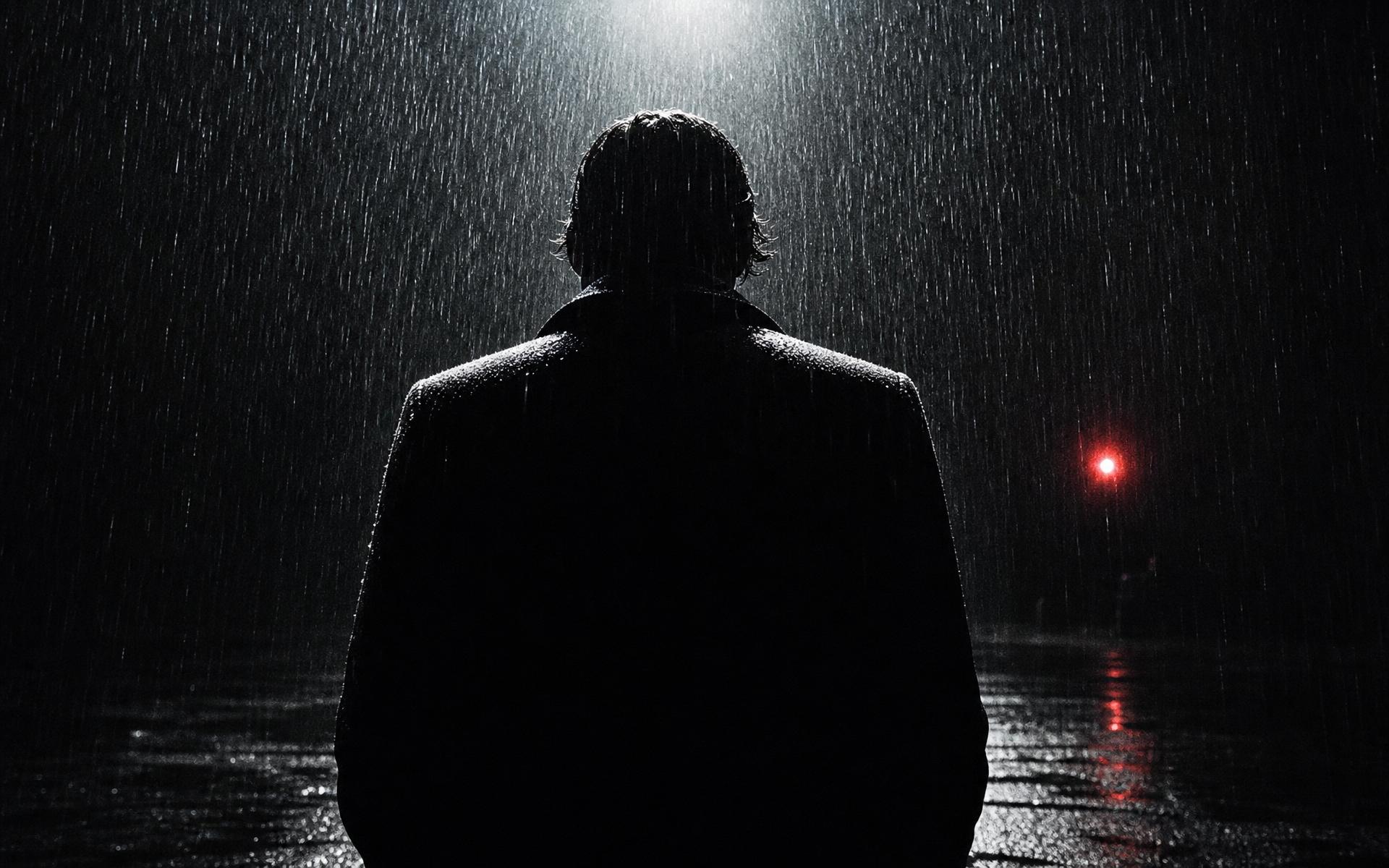 Silhouette of a figure standing under a single spotlight in heavy rain