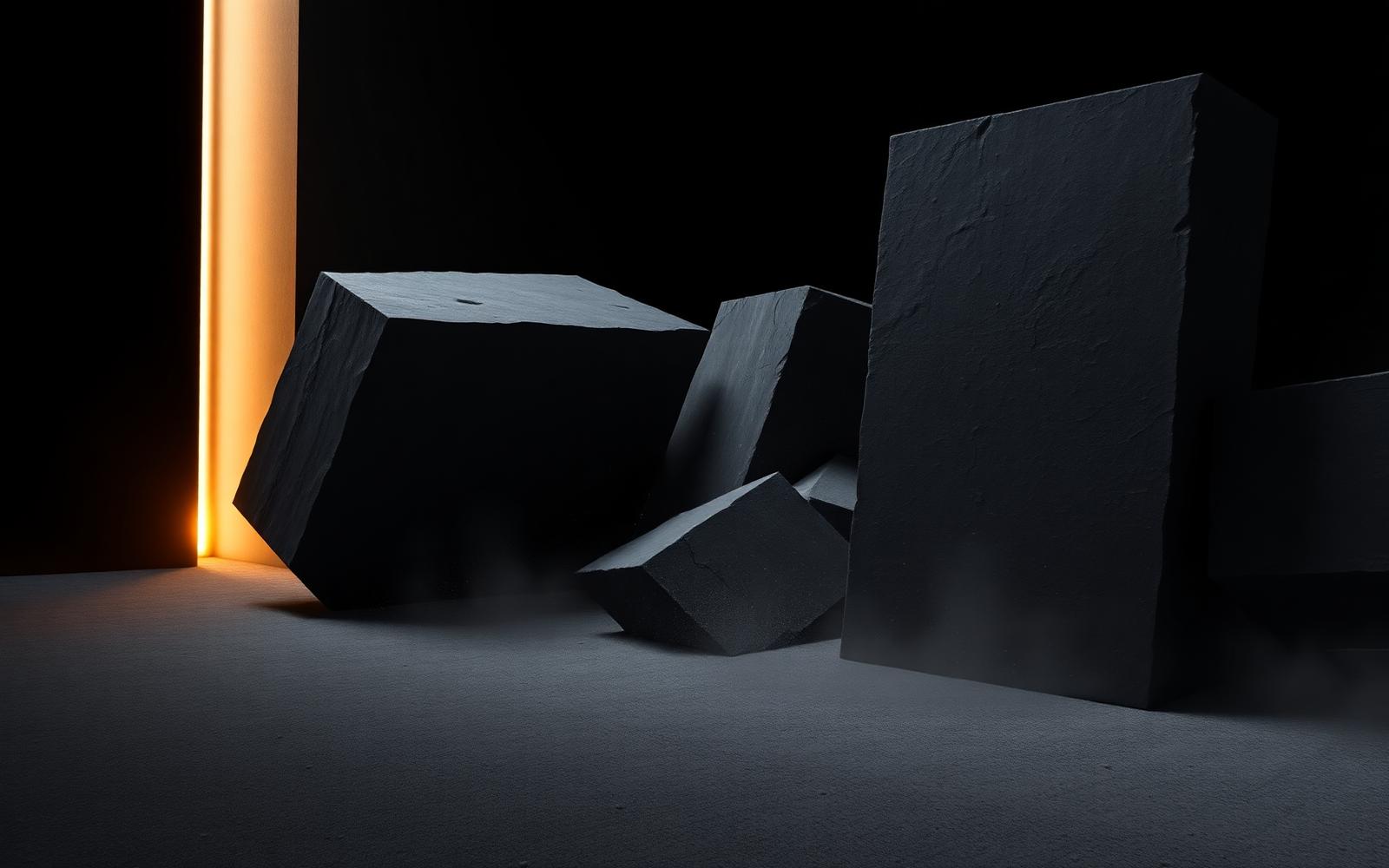 Heavy three-dimensional letterforms suspended in a dark void