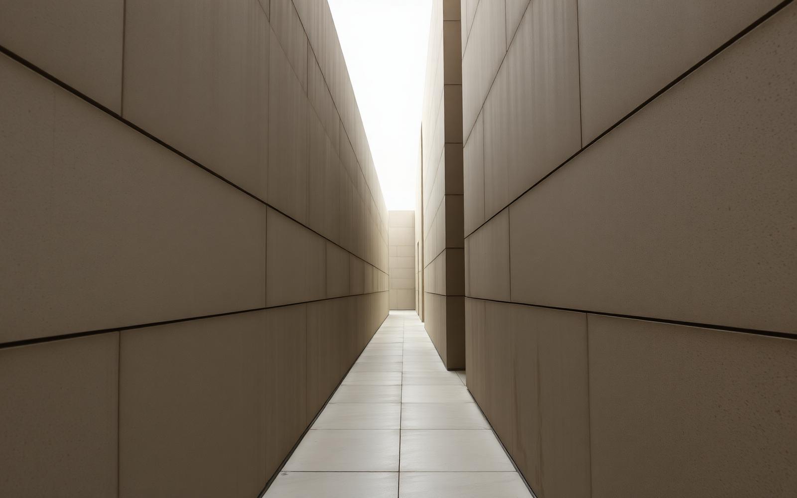 Stacked concrete planes receding into shadow