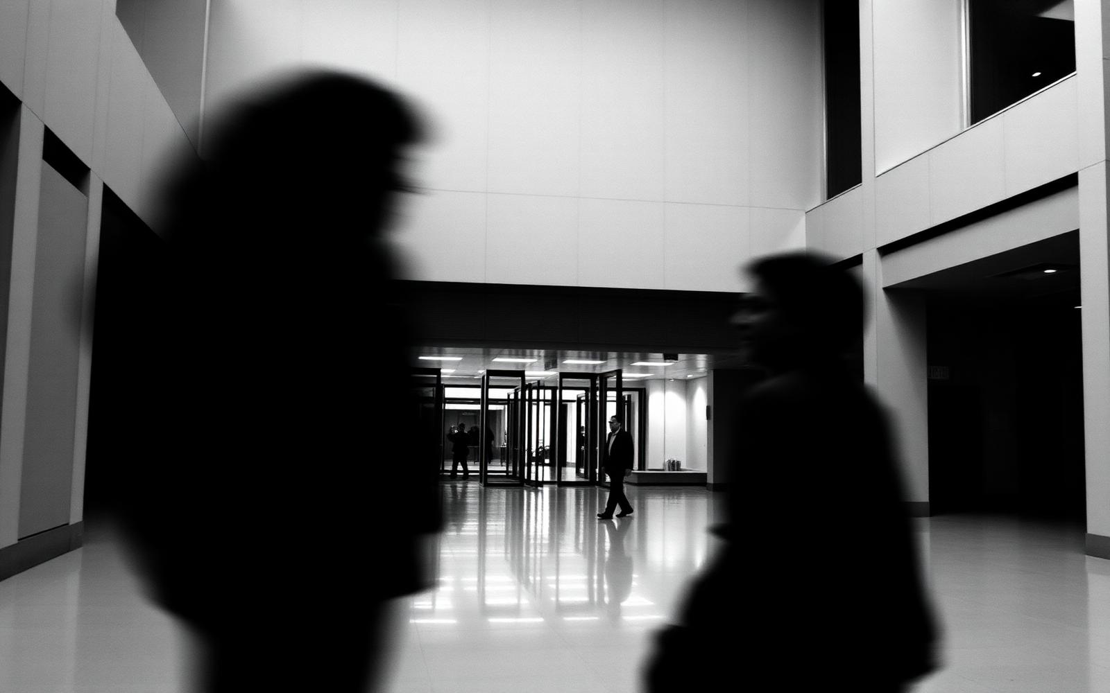Motion-blurred figures crossing a lit space
