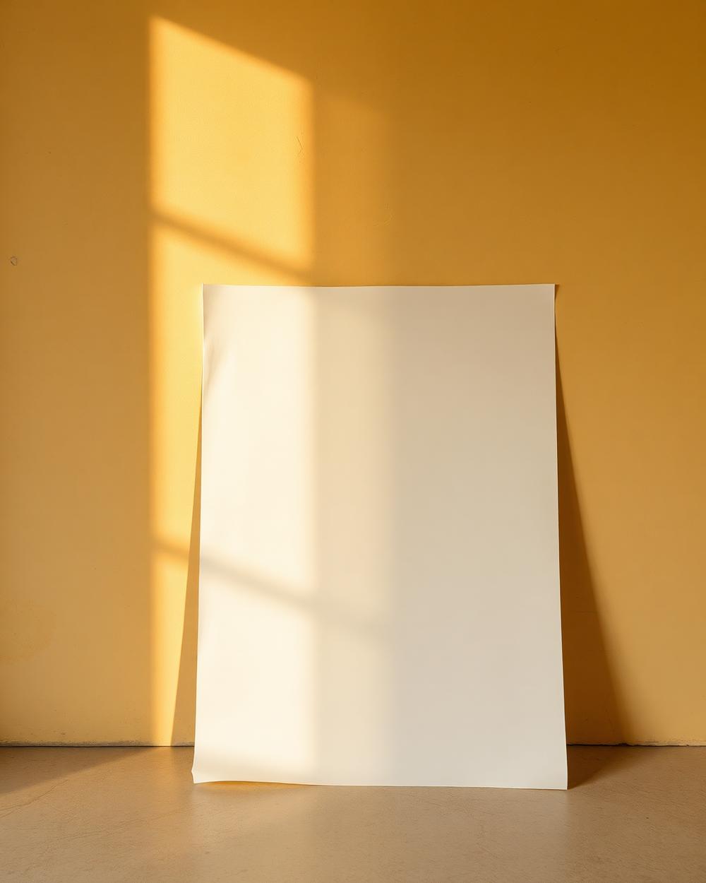 Printed studio poster resting against a warm plaster wall